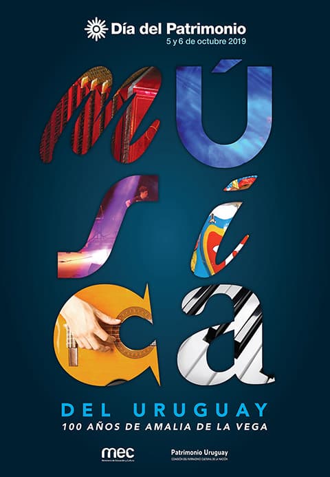 Afiche del Día del Patrimonio 2019: sobre un fondo azul, letras con distintas tipografías y colores forman la palabra música; debajo dice: 100 años de Amalia de la Vega.