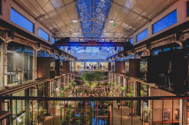 Vista general de un espacio amplio; hay gente cenando en mesas y varias plantas grandes decorando el lugar